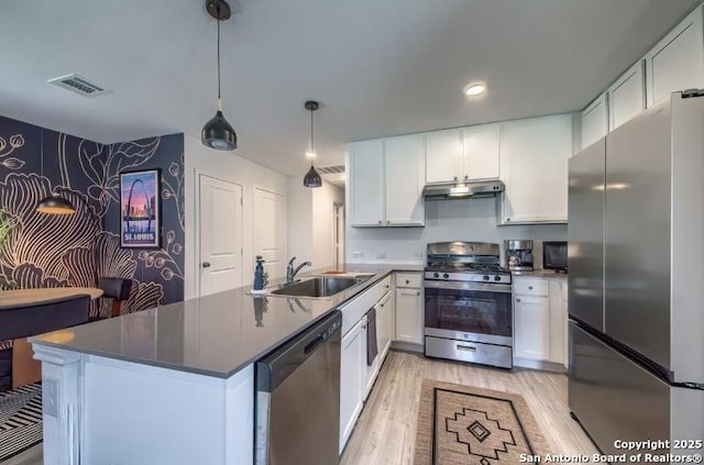 kitchen featuring stainless steel appliances, under cabinet range hood, light wood finished floors, a sink, and a peninsula