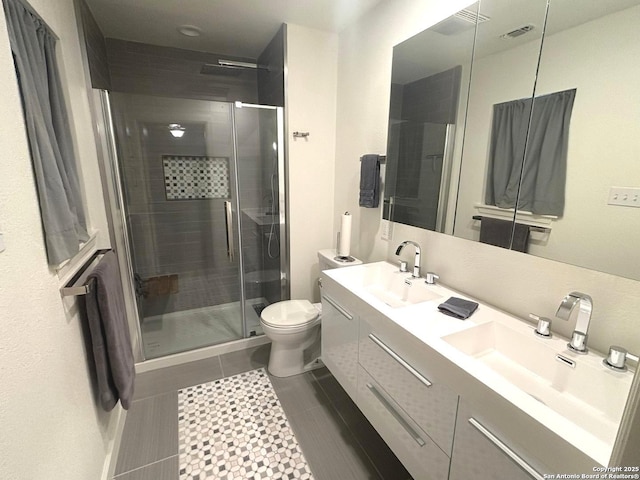 full bathroom with visible vents, toilet, a stall shower, and a sink