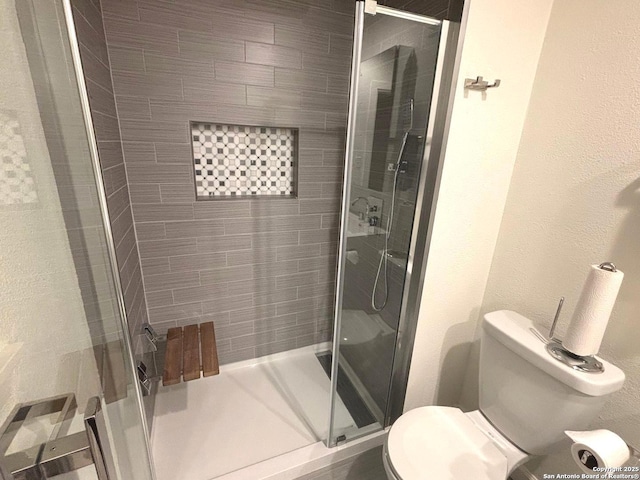 full bathroom with toilet and a shower stall