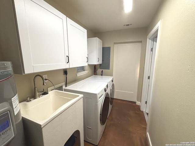 washroom featuring electric water heater, washing machine and clothes dryer, cabinet space, electric panel, and visible vents