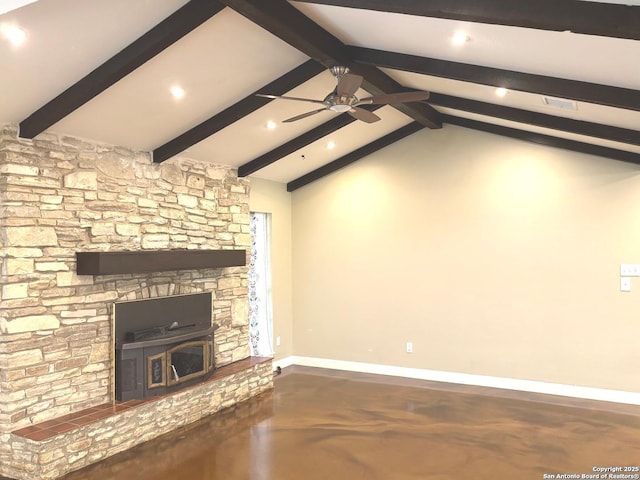 unfurnished living room featuring ceiling fan, vaulted ceiling with beams, visible vents, baseboards, and finished concrete floors
