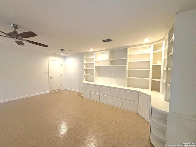 interior space with baseboards, visible vents, ceiling fan, and recessed lighting