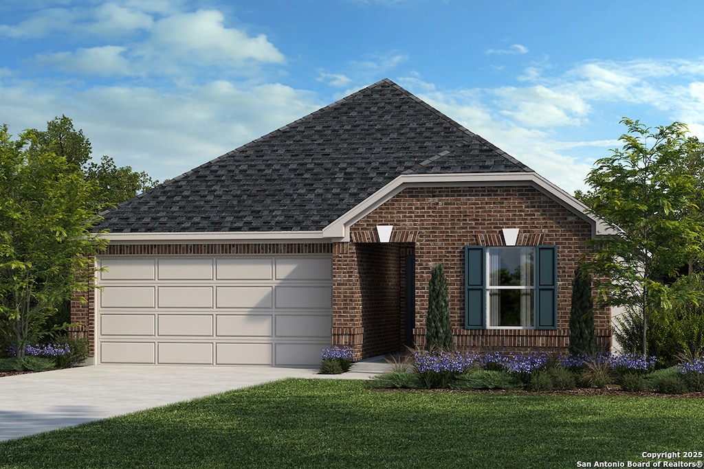 view of front of house with a garage, brick siding, a front lawn, and concrete driveway