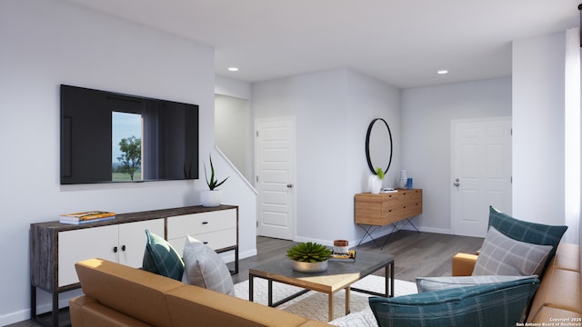 living room featuring recessed lighting, wood finished floors, and baseboards