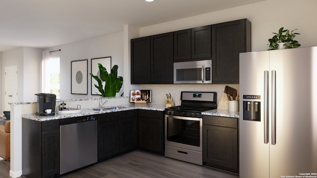 kitchen with light stone countertops, a sink, wood finished floors, appliances with stainless steel finishes, and dark cabinets