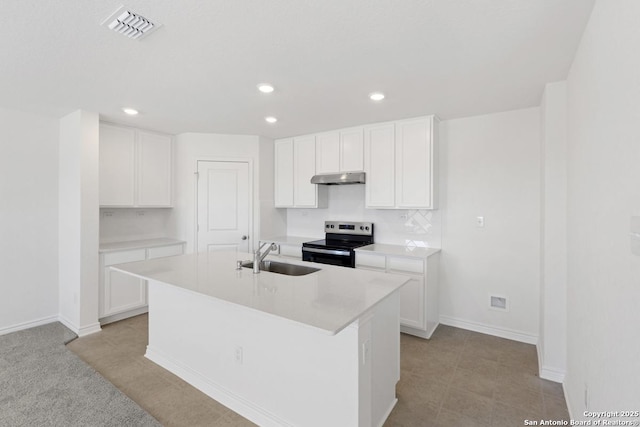 4770 Pico Pico St, San Antonio, TX 78222 - kitchen featuring a sink, stainless steel electric range oven, under cabinet range hood, light countertops, and recessed lighting