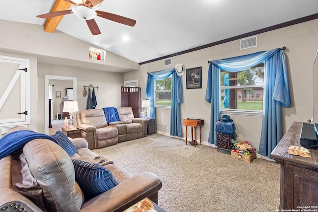 living area with visible vents, lofted ceiling with beams, baseboards, carpet, and a ceiling fan
