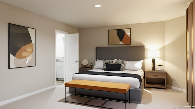bedroom with recessed lighting, carpet flooring, ensuite bath, and baseboards
