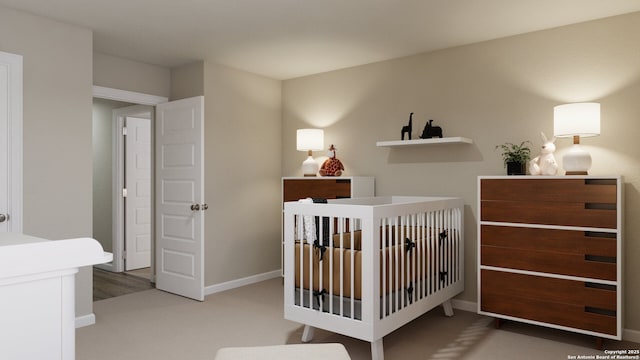carpeted bedroom with a nursery area and baseboards
