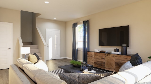 living room featuring baseboards, recessed lighting, wood finished floors, and stairs