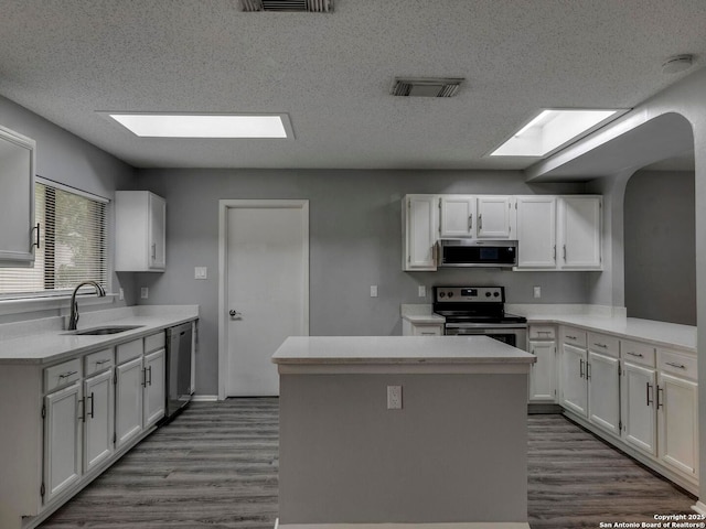 kitchen featuring dark wood-style floors, stainless steel appliances, a skylight, and a sink