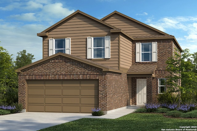 traditional-style home with brick siding, a shingled roof, driveway, and an attached garage