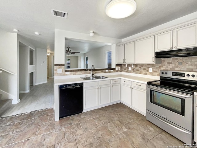kitchen featuring a sink, under cabinet range hood, black dishwasher, visible vents, and stainless steel electric stove