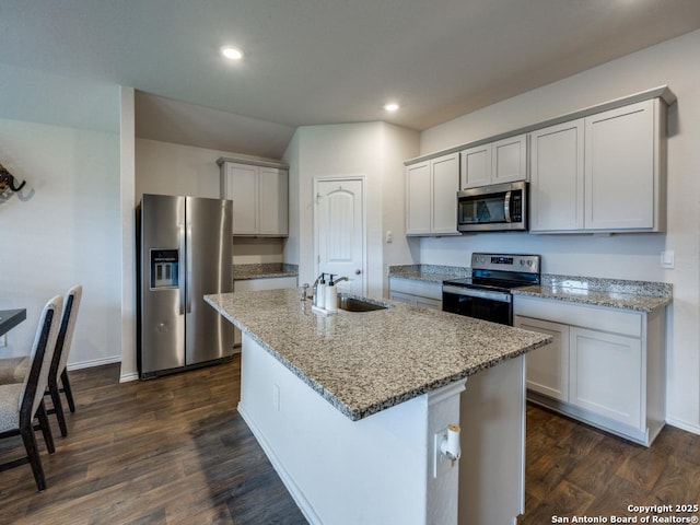 kitchen featuring light stone countertops, a sink, appliances with stainless steel finishes, and dark wood finished floors