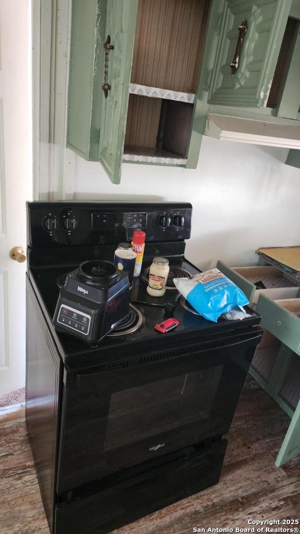 interior details featuring wood finished floors, green cabinetry, and black range with electric cooktop