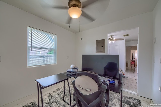 office with visible vents, a ceiling fan, and electric panel