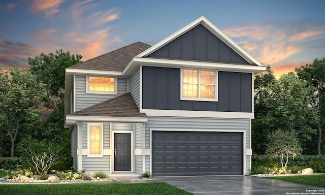 14979 Fischer Gdn, San Antonio, TX 78253 - view of front of property with driveway, a garage, board and batten siding, and roof with shingles