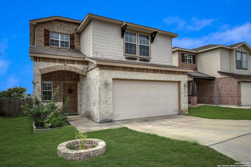 3834 Sierra Birch, San Antonio, TX 78261 - traditional-style home featuring a front lawn, a garage, stone siding, concrete driveway, and fence