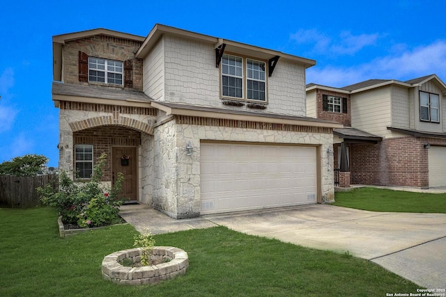 traditional-style home featuring a front lawn, a garage, stone siding, concrete driveway, and fence
