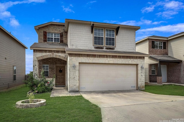 traditional-style home with driveway, a front lawn, an attached garage, and stone siding