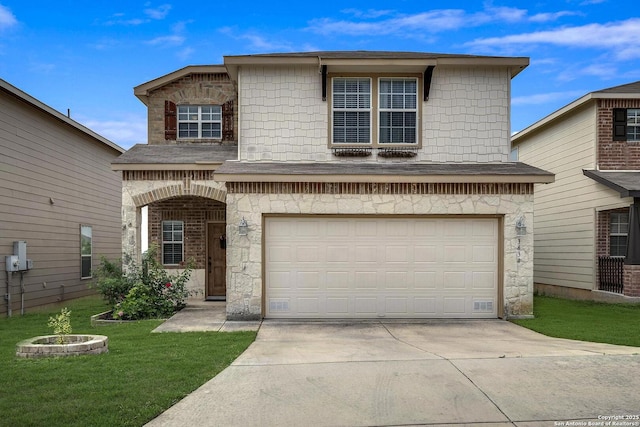 traditional-style house with a garage, a front lawn, concrete driveway, and stone siding