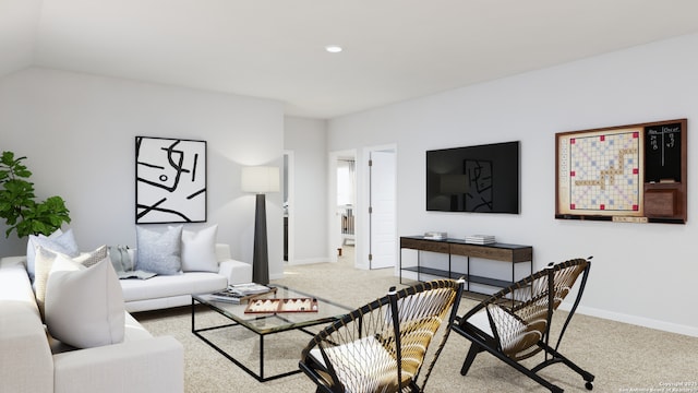 carpeted living room featuring baseboards