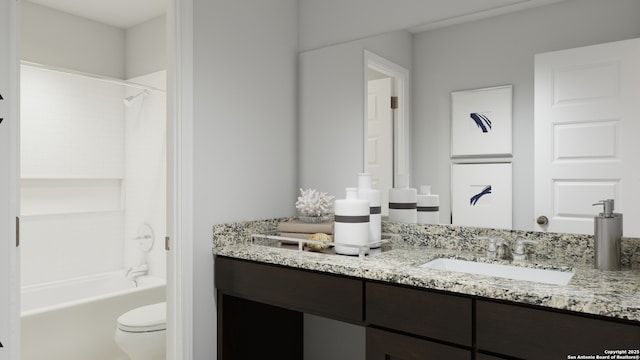 bathroom with toilet, washtub / shower combination, and vanity