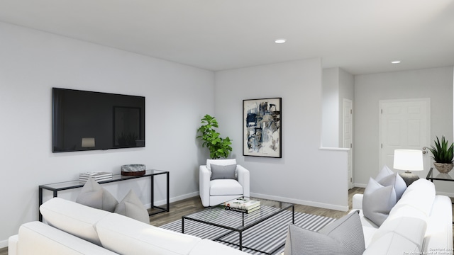 living room with recessed lighting, wood finished floors, and baseboards