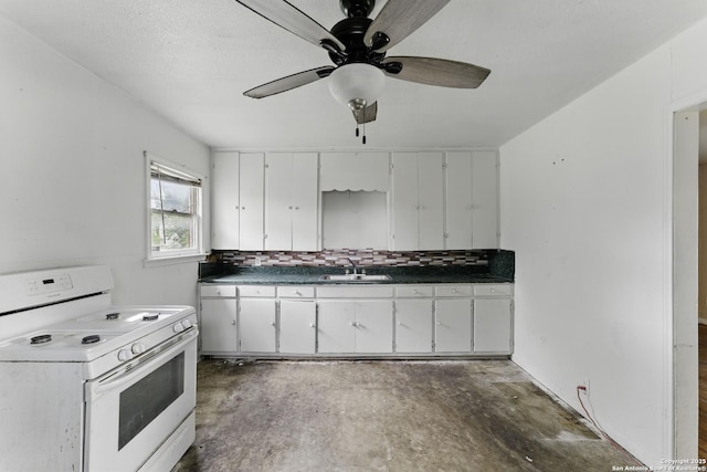 239 School Ave, New Braunfels, TX 78130 - kitchen featuring electric range, white cabinets, dark countertops, unfinished concrete flooring, and a sink