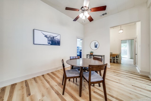 dining area featuring baseboards, visible vents, ceiling fan, and light wood-style floors