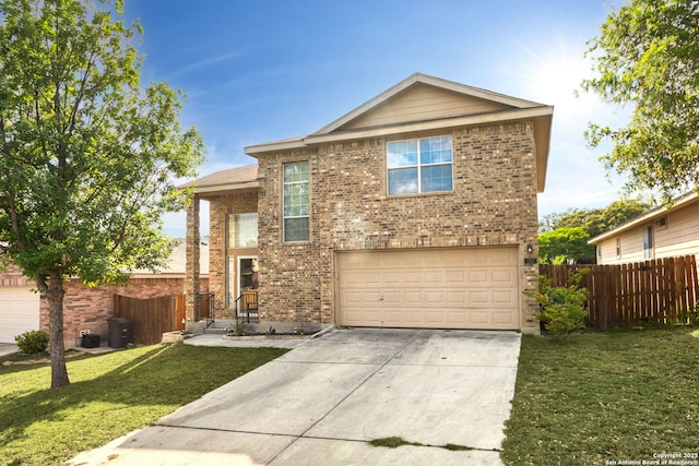 traditional-style home featuring brick siding, fence, a front lawn, and driveway