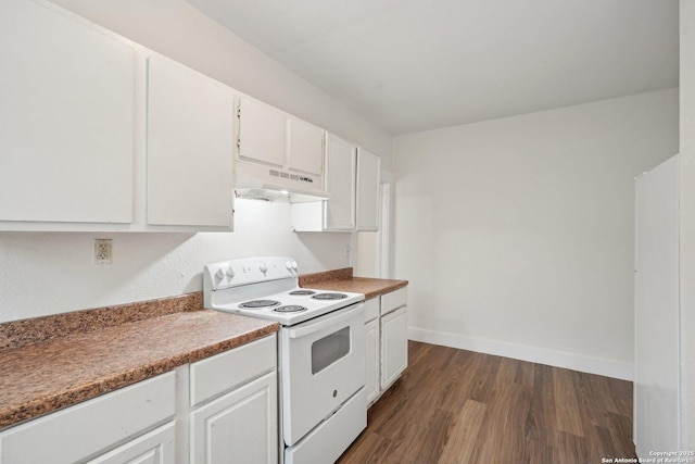 kitchen featuring white cabinets, baseboards, under cabinet range hood, dark wood-style flooring, and white electric range