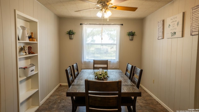 4843 Fm 1436, La Pryor, TX 78872 - dining space featuring wooden walls, ceiling fan, and built in features