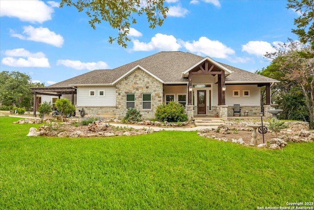 1547 Moon Vw, New Braunfels, TX 78132 - craftsman house with stone siding, a front lawn, and a shingled roof