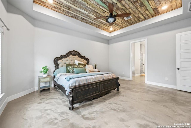 1547 Moon Vw, New Braunfels, TX 78132 - bedroom with a tray ceiling, wooden ceiling, baseboards, and finished concrete floors