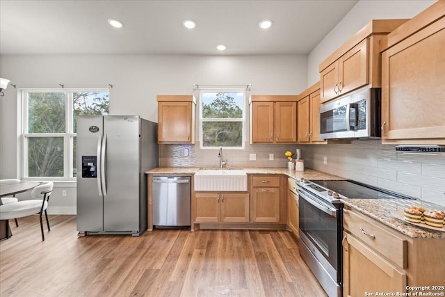 1547 Moon Vw, New Braunfels, TX 78132 - kitchen with appliances with stainless steel finishes, a sink, plenty of natural light, light wood-type flooring, and recessed lighting