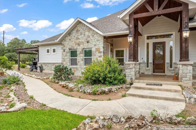 1547 Moon Vw, New Braunfels, TX 78132 - entrance to property featuring stone siding and roof with shingles