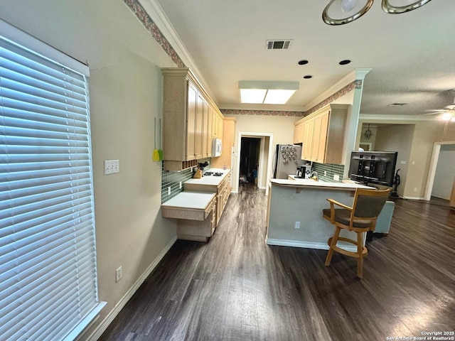 607 Dover Ln, Round Rock, TX 78664 - kitchen featuring light countertops, dark wood finished floors, visible vents, and tasteful backsplash