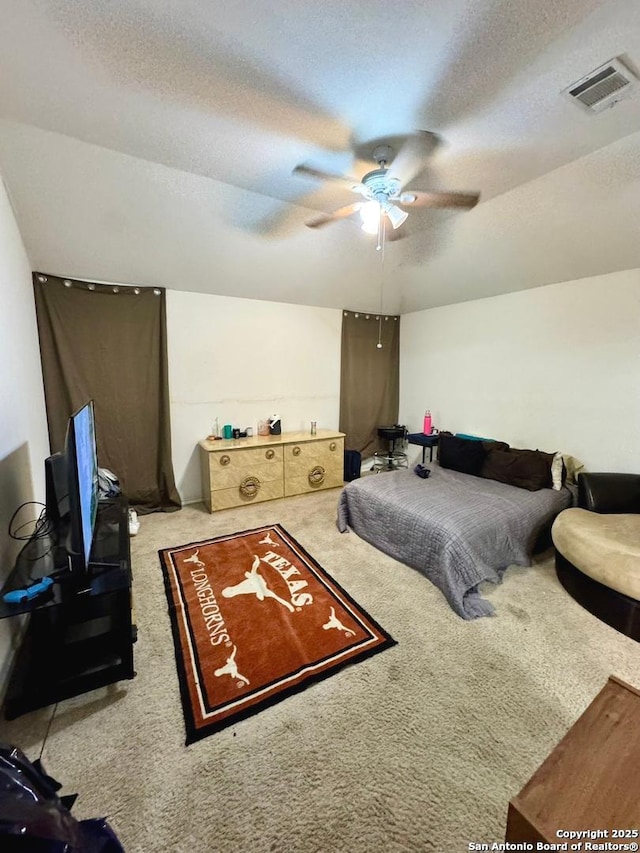 607 Dover Ln, Round Rock, TX 78664 - carpeted bedroom featuring visible vents, ceiling fan, and a textured ceiling