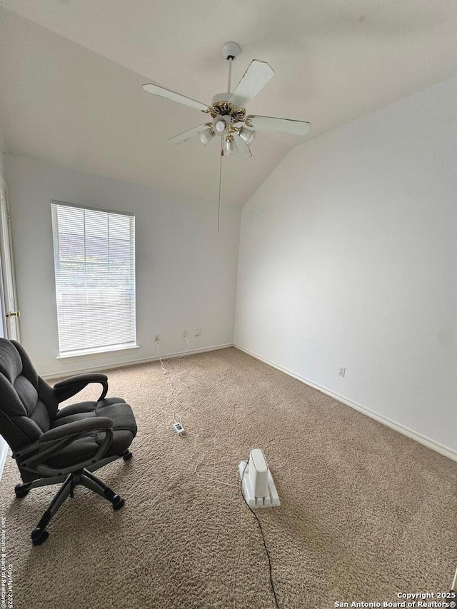 607 Dover Ln, Round Rock, TX 78664 - spare room featuring lofted ceiling, a ceiling fan, baseboards, and carpet floors