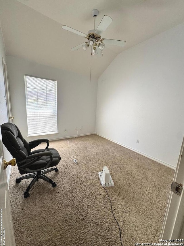 607 Dover Ln, Round Rock, TX 78664 - carpeted spare room featuring baseboards, ceiling fan, and lofted ceiling
