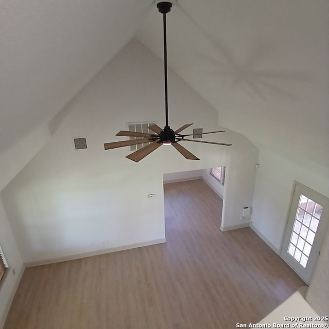 details with visible vents, ceiling fan, wood finished floors, and baseboards