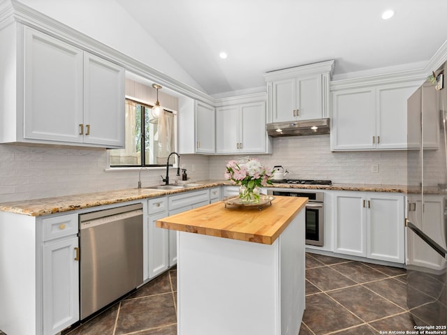 kitchen with a sink, under cabinet range hood, vaulted ceiling, dark tile patterned floors, and appliances with stainless steel finishes