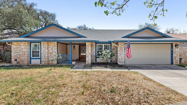 8422 Timber Crst, San Antonio, TX 78250 - ranch-style home featuring a garage, a porch, concrete driveway, and stone siding