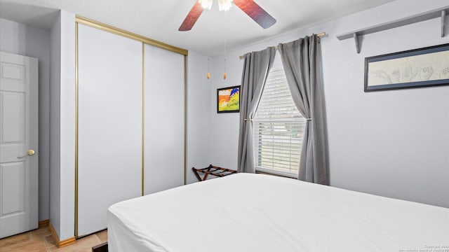 8422 Timber Crst, San Antonio, TX 78250 - bedroom featuring a ceiling fan and a closet