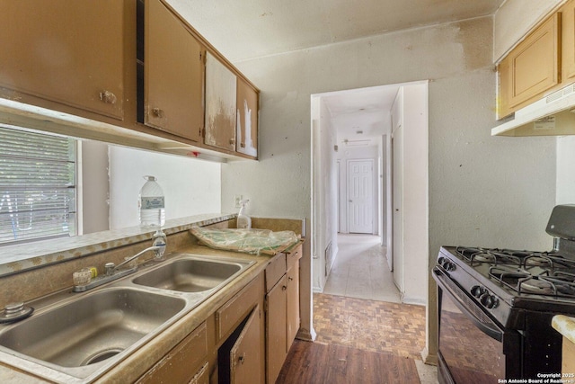 kitchen with under cabinet range hood, light countertops, light wood finished floors, a sink, and black range with gas stovetop