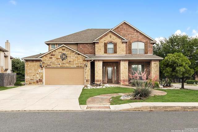 view of front of house featuring a garage, stone siding, roof with shingles, concrete driveway, and fence