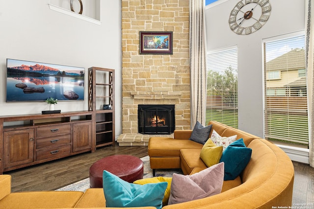 living room with a towering ceiling, a stone fireplace, and wood finished floors
