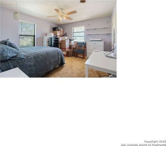 342 Turner, Pleasanton, TX 78064 - bedroom featuring light carpet, a textured ceiling, and ceiling fan