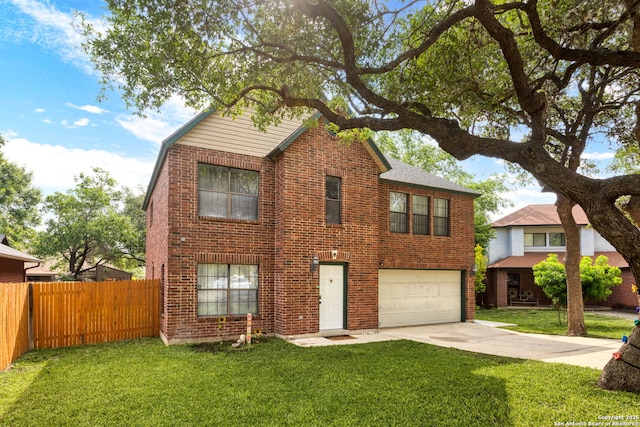 view of front facade featuring fence, driveway, brick siding, and an attached garage